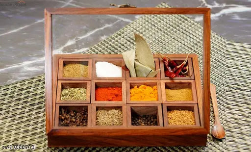 12 Section/Partition - Wooden Spice Box with Antique Lock Table Top Masala Dabba Jars Cum Kitchen with Spoon