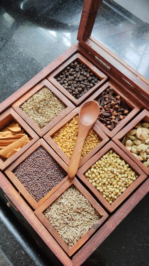 9 Section/Partition - Wooden Spice Box with Antique Lock Table Top Masala Dabba Jars Cum Kitchen with Spoon