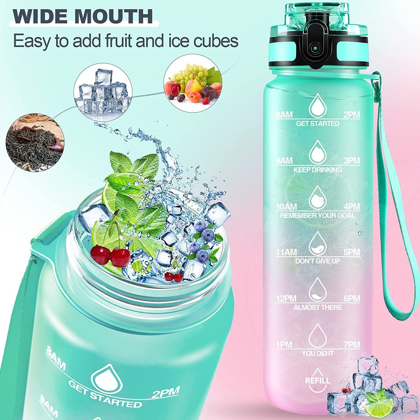Motivational Water Bottle With Straw, Time Marker, BPA-Free Tritan Portable Gym Water Bottle