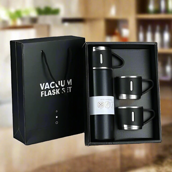 Stainless Steel Vacuum Flask Set With 3 Steel Cups Combo For Coffee (500ml)