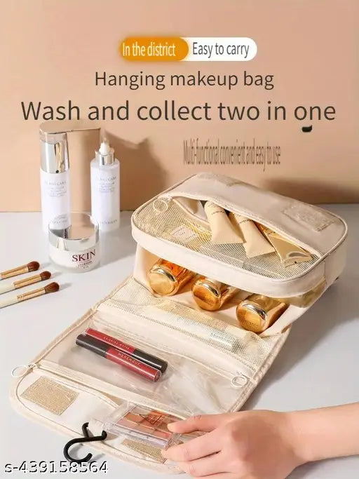 (Beige) Cosmetic Makeup Pouch Organizer Foldable Multifunction Portable Brush Holder Bag for Women Waterproof