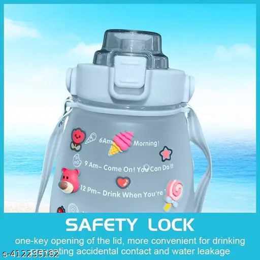 1500ml Cute Water Bottles with Straws and Shoulder Strap Stickers Big Pot Belly Water Bottle (Pack Of 1, Multicolor)
