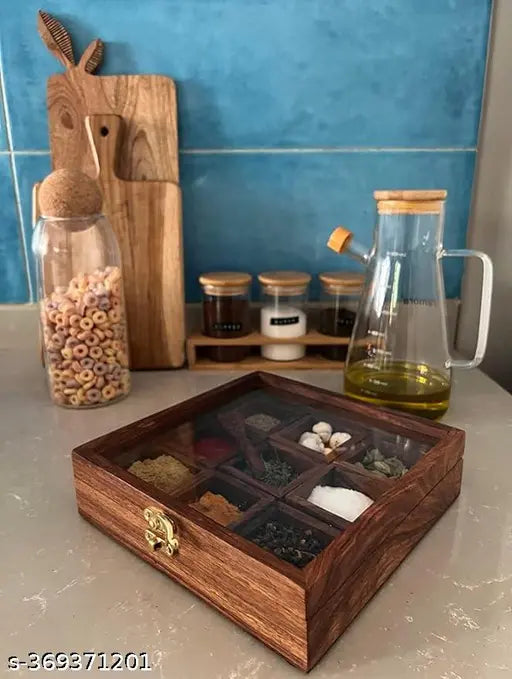 9 Section/Partition - Wooden Spice Box with Antique Lock Table Top Masala Dabba Jars Cum Kitchen with Spoon