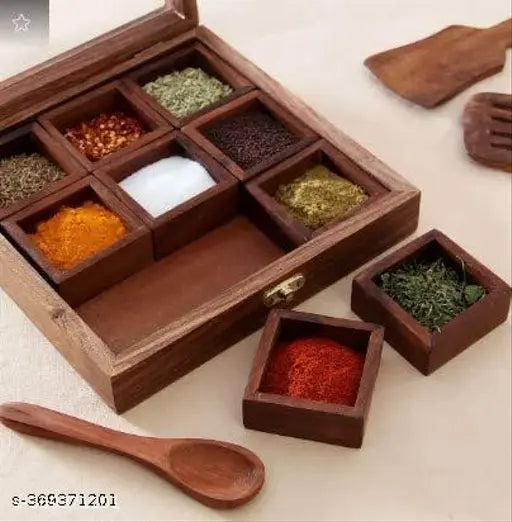 9 Section/Partition - Wooden Spice Box with Antique Lock Table Top Masala Dabba Jars Cum Kitchen with Spoon