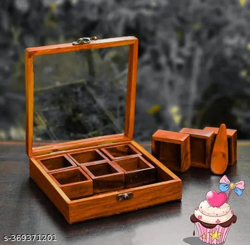9 Section/Partition - Wooden Spice Box with Antique Lock Table Top Masala Dabba Jars Cum Kitchen with Spoon
