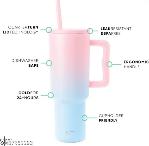 1200ml Stainless Steel Tumbler with Handle, Dual Lid, Drinking Straw | Hot and Cold Double Vacuum Insulated Flask