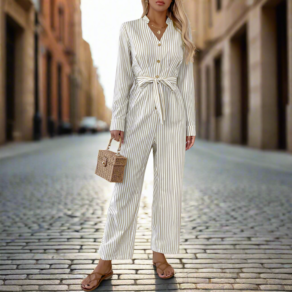 Ladies new v-neck striped lace-up jumpsuit